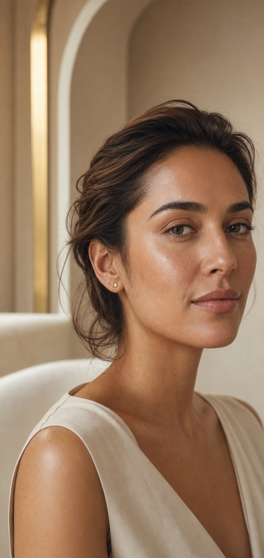 Editorial close-up portrait of a client with natural skin texture